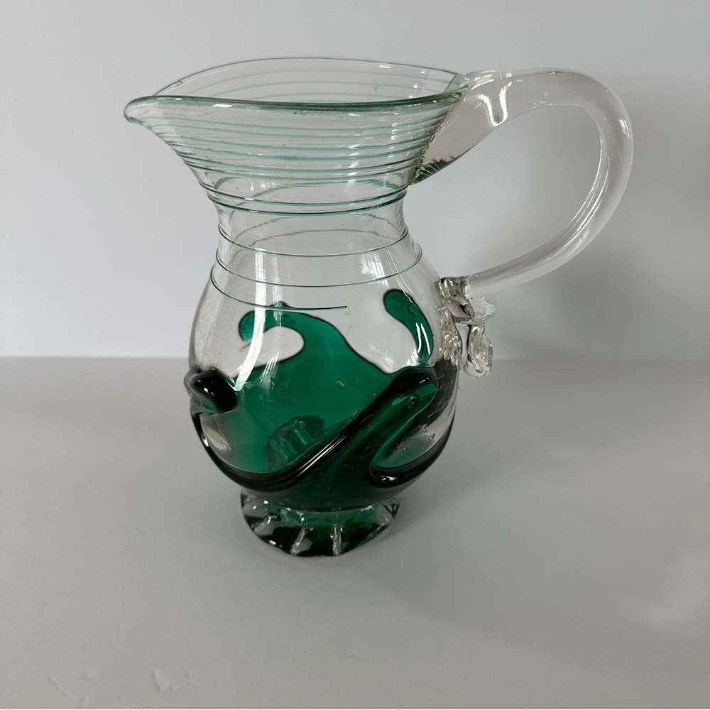 Green Art Glass Optic Ruffled Pitcher Vase 1973